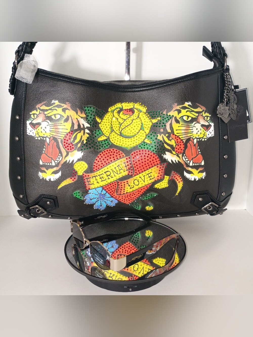 Ed Hardy Rhinestone Detailing Black Vegan Shoulder Hobo Bag w/matching sunglasse